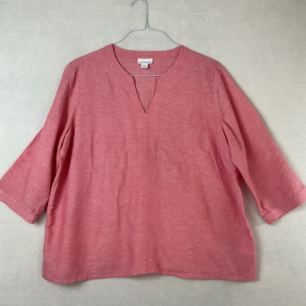 Liz Claiborne Womens XL Pink Linen Cotton Blend 3/4 Sleeve V-Neck Blouse